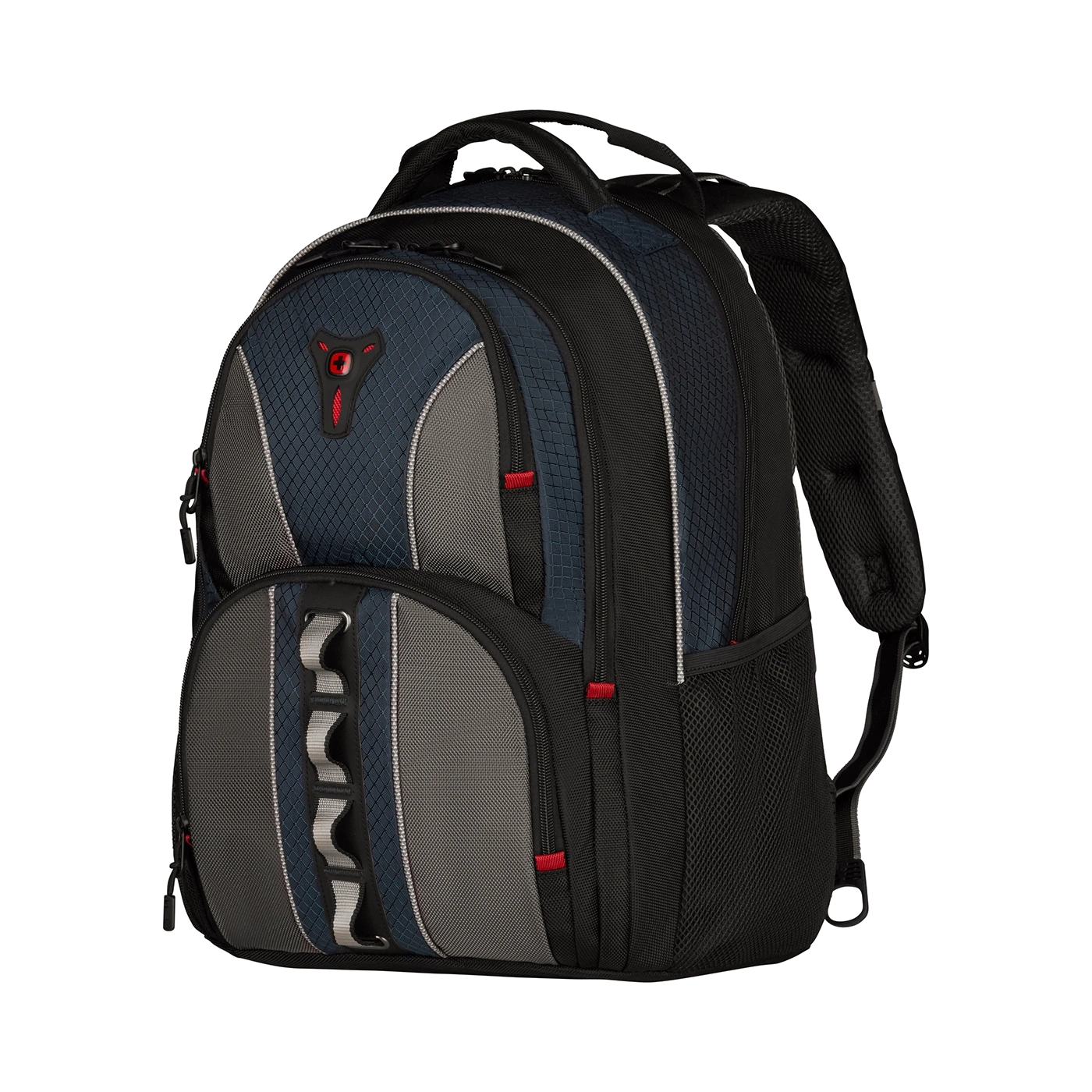 Blue and grey backpack with red accent on a black background, side view.