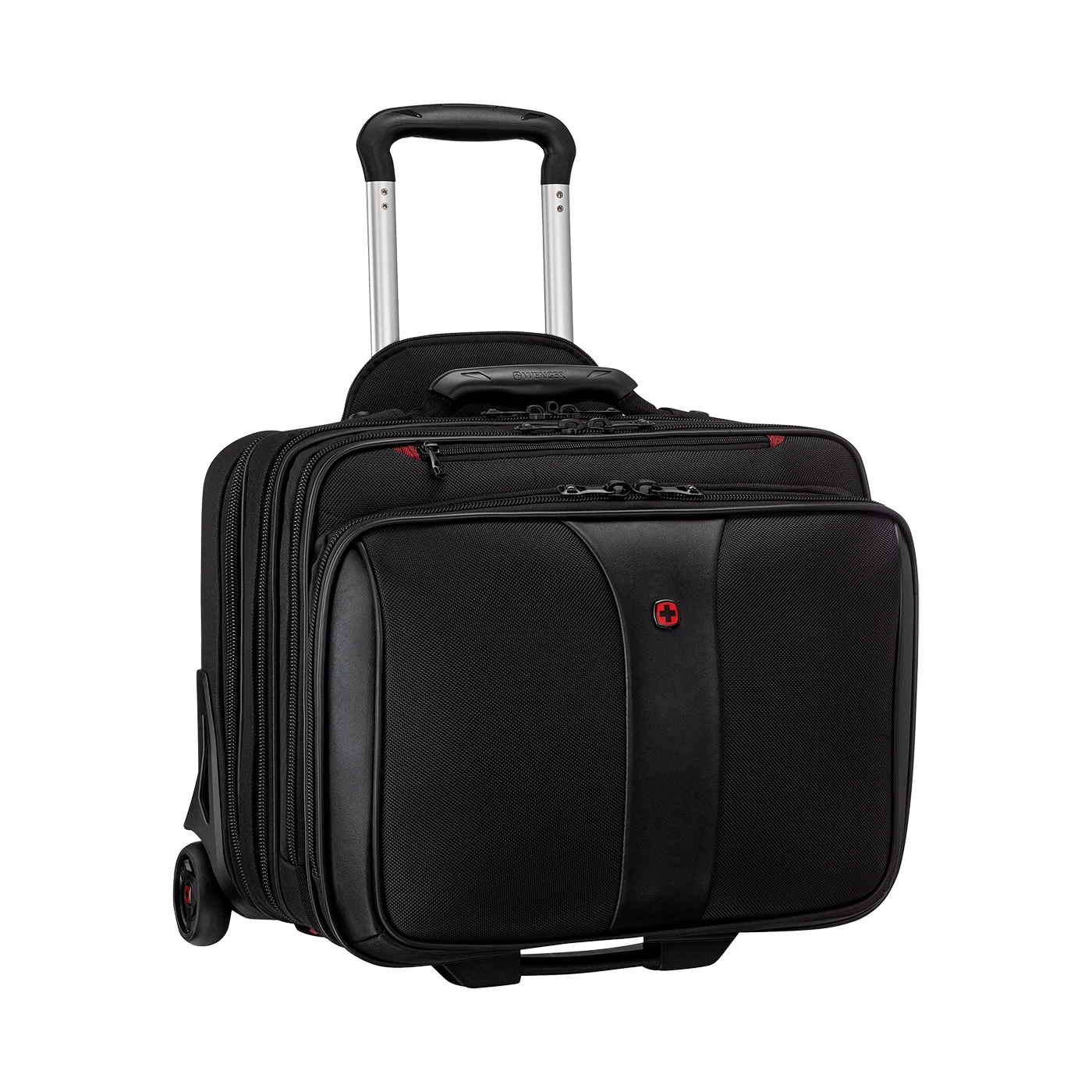 Black rolling suitcase with retractable handle and Swiss cross logo