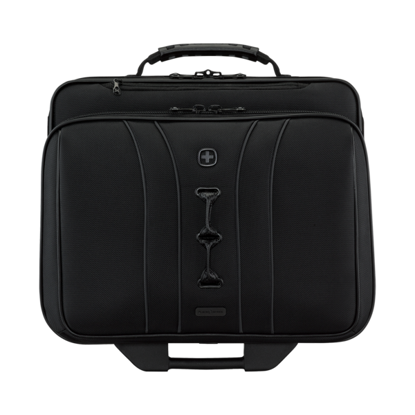 Black suitcase with handles and wheels, Swissgear Black Series luggage.