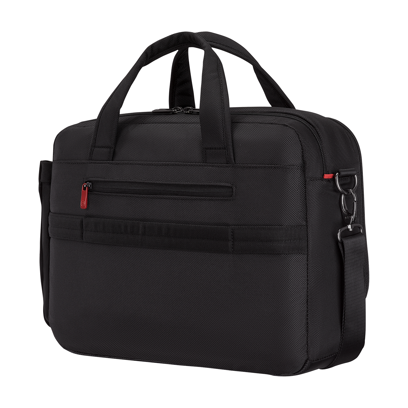 Black briefcase with handles and shoulder strap, zipper and red accent details