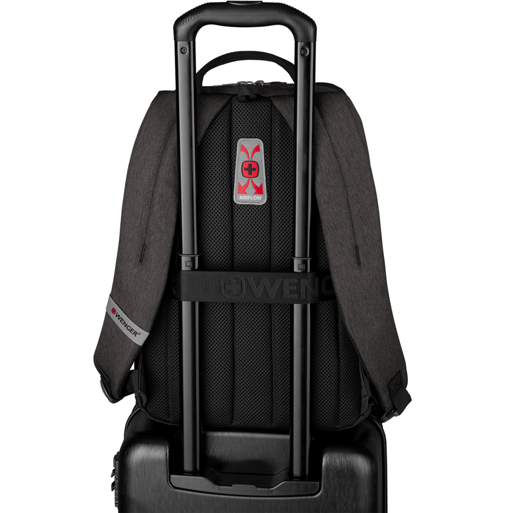 Black backpack with wheels and handle, Airflow system, Wenger logo, on black background.