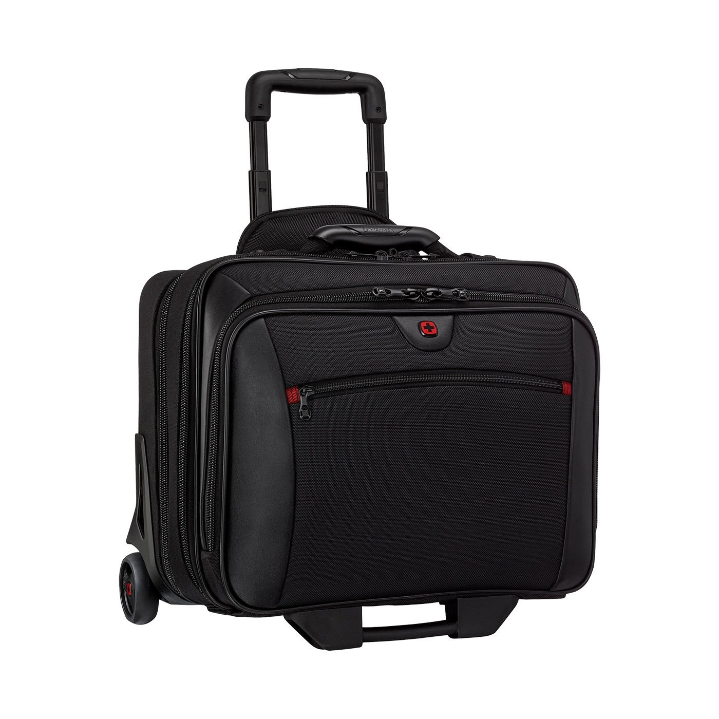 Black rolling suitcase with red accent and retractable handle