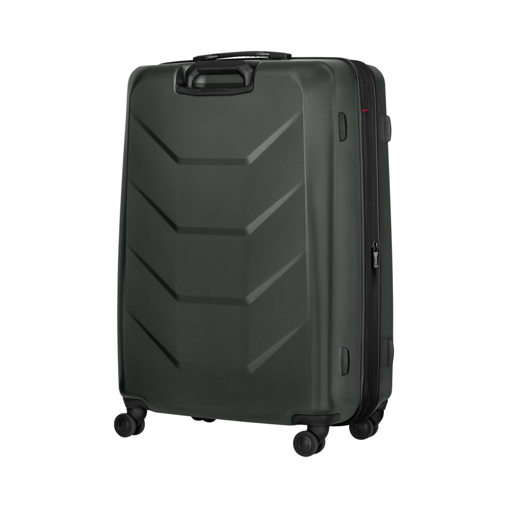 Dark green suitcase with handle and wheels, for travel and luggage transport.