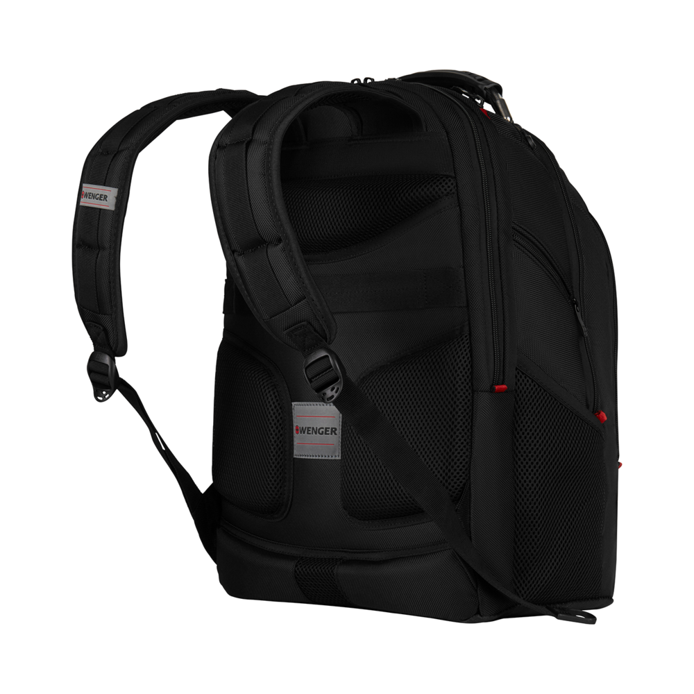 Black Wenger backpack with padded straps and mesh inserts, perfect for travel.