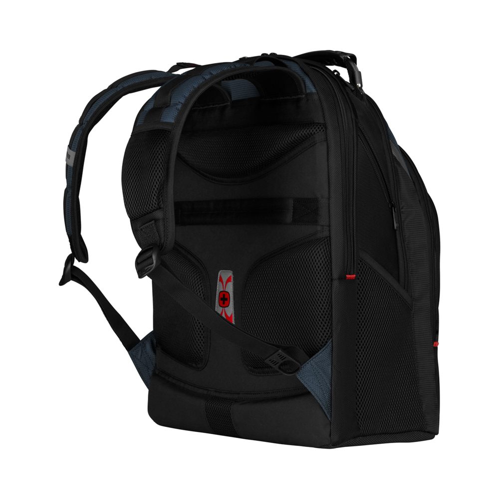 Black backpack with blue accents and mesh details, isolated on a black background.