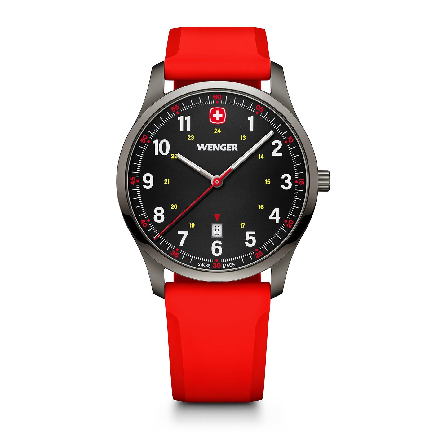 Wenger watch with red strap, black dial, and red accents, Swiss made design.