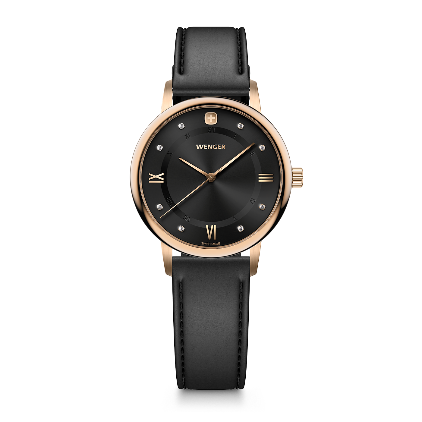 Black leather strap with rose gold case and black dial.