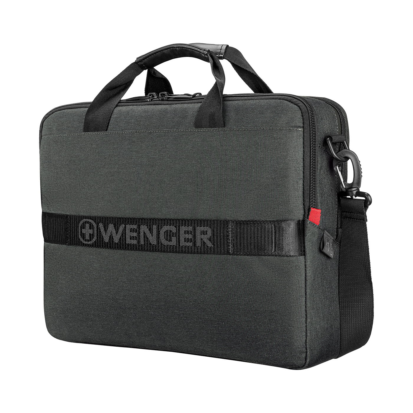 Dark gray briefcase with shoulder strap and WENGER logo on a black background.
