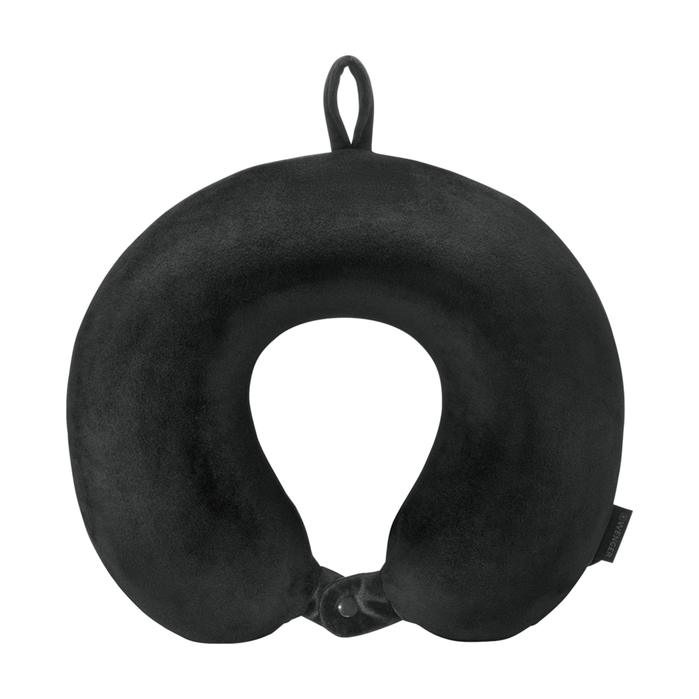 Black neck pillow, travel pillow, U-shaped, with button closure and hanging loop