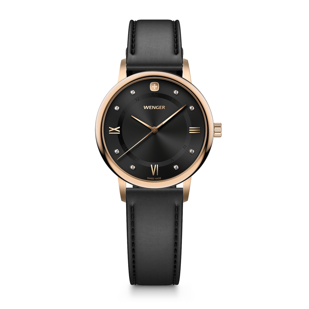 Black leather strap with rose gold case and black dial.