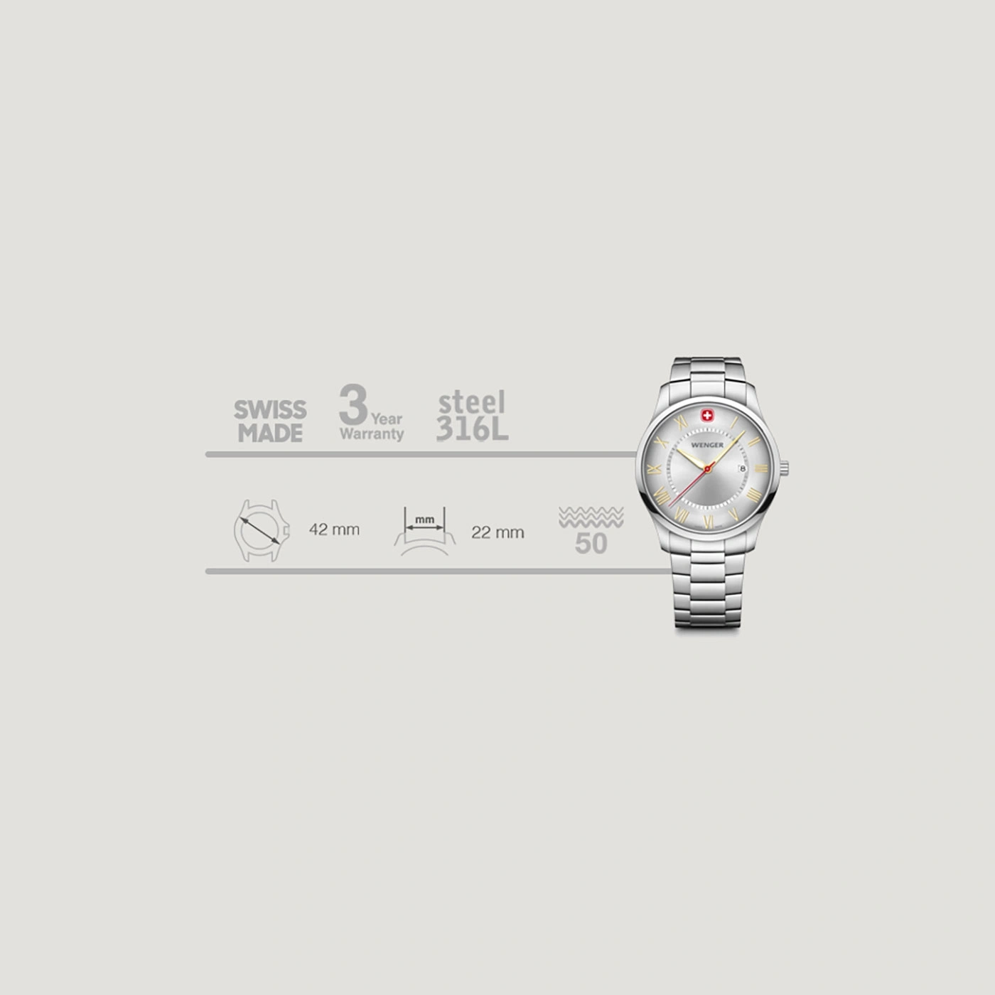 Wenger Uhr, Swiss Made, 3 Jahre Garantie, Stahl 316L, 42mm, 22mm, 50