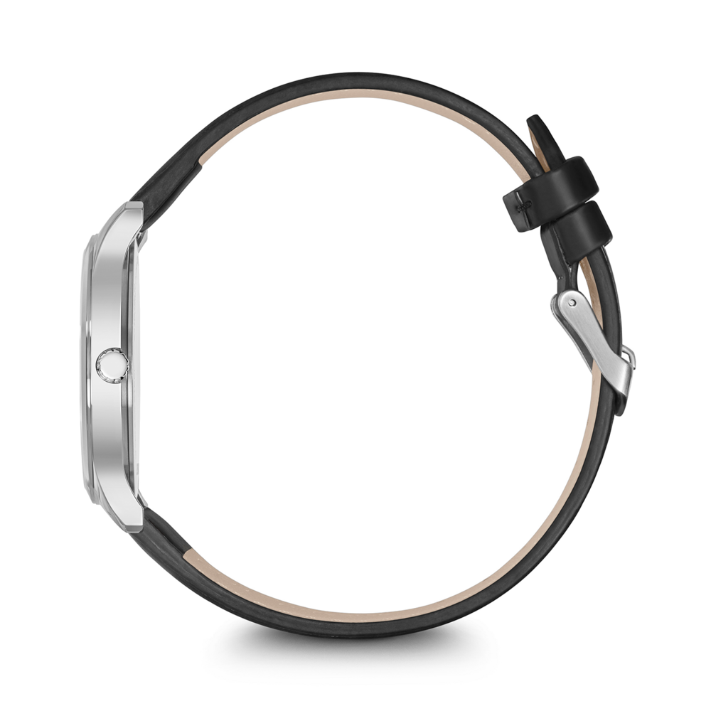 Side view of a watch with a black leather strap on a black background