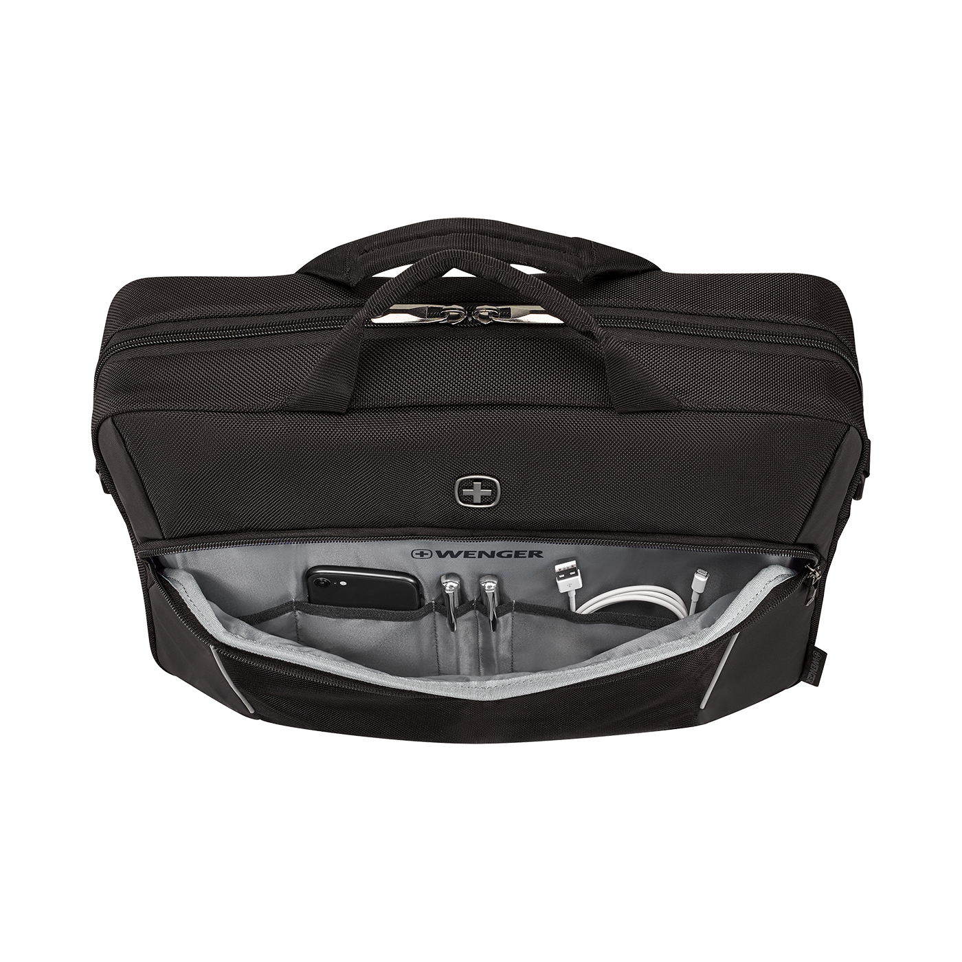 Black briefcase with open pocket, phone, pens, and cables inside the bag.