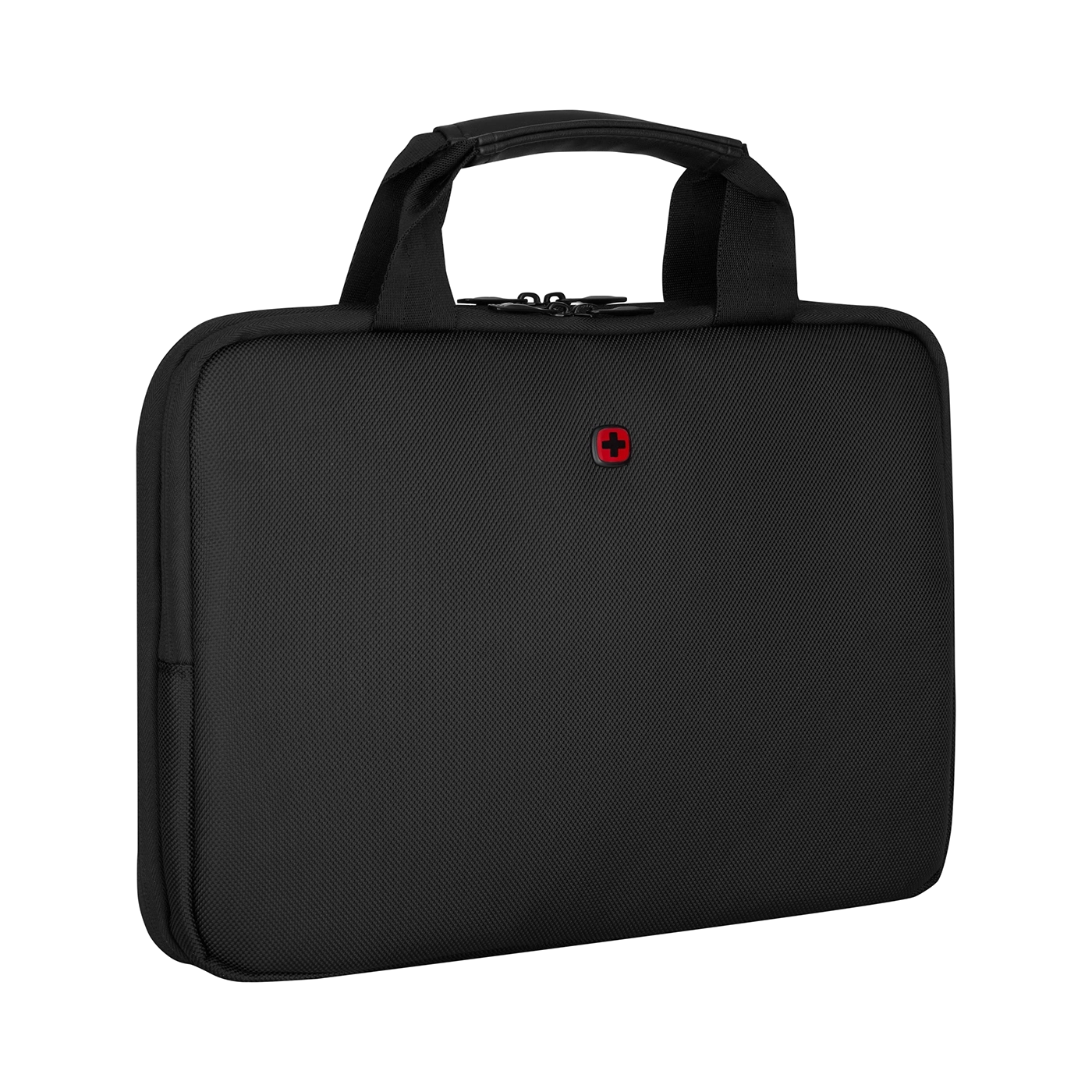 Black laptop bag with red cross logo, handle and zipper, isolated on black background