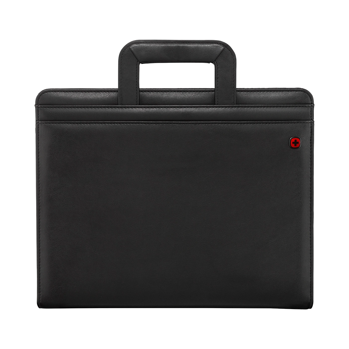 Black briefcase with handle and red logo on a black background.