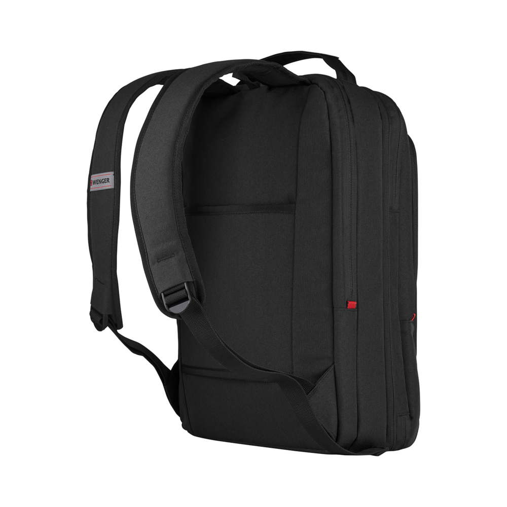Black Wenger backpack, side view, shoulder straps, zipper, logo, detail shot