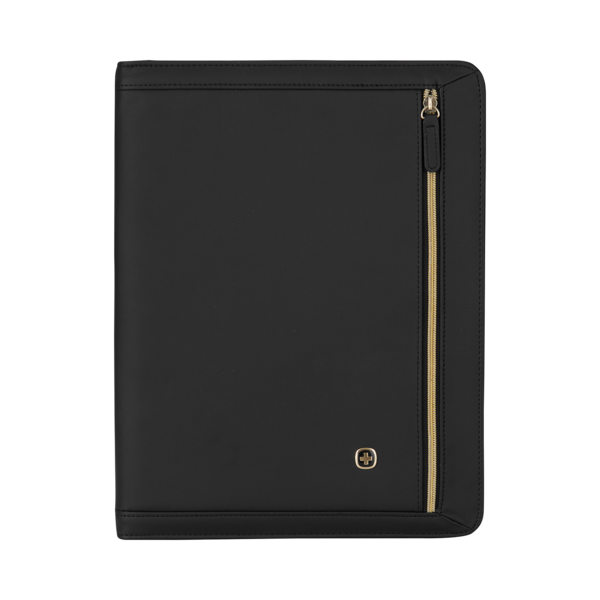 Black portfolio with gold zipper and logo. Leather-look. Business accessory.