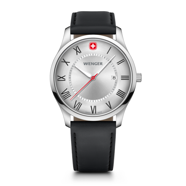 Wenger watch with black leather strap and silver dial, roman numerals, Swiss made