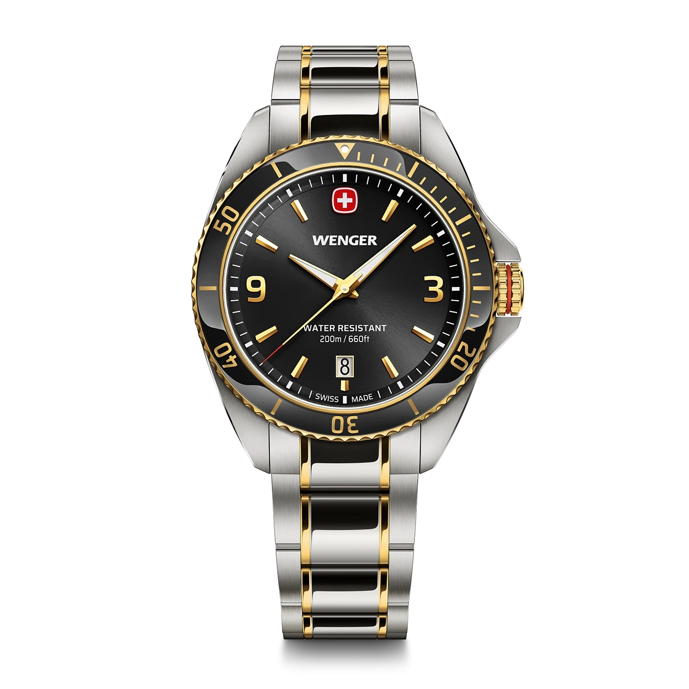 Wenger watch, black, gold, water resistant, Swiss Made, 200m/660ft, date
