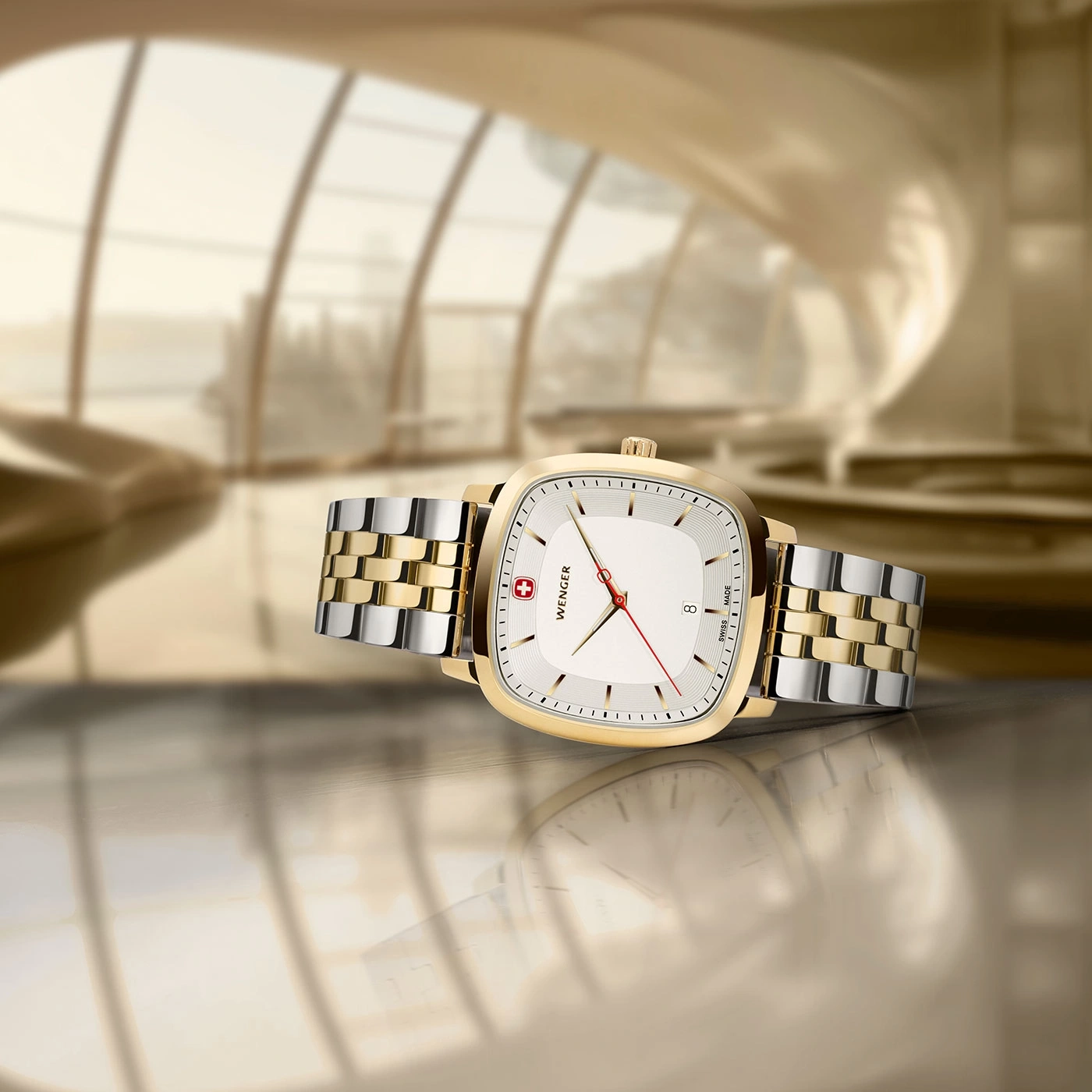 Wenger gold watch, square face, elegant design, Swiss made, luxury timepiece.