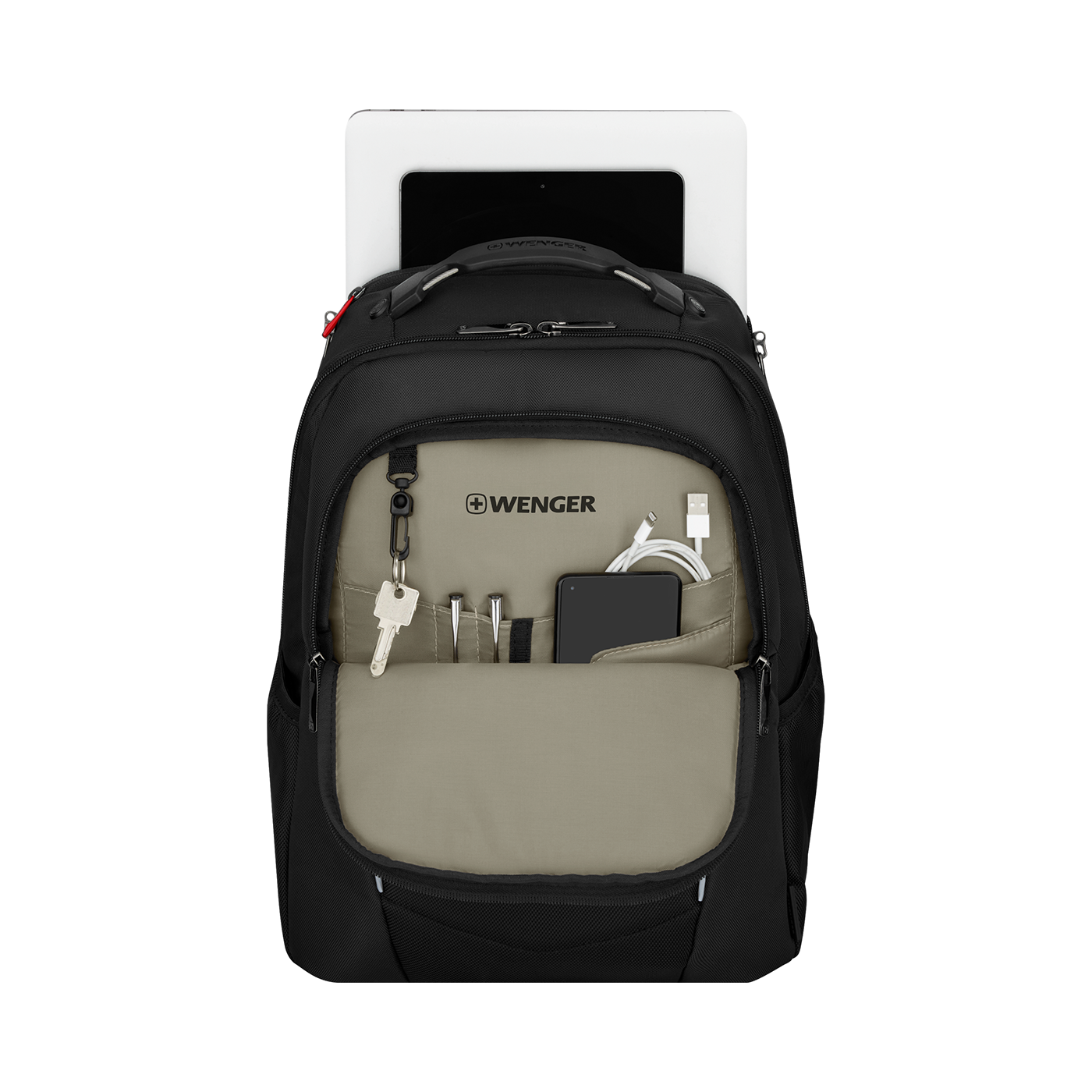 Black backpack with tablet and accessories, Wenger brand, on a black background.