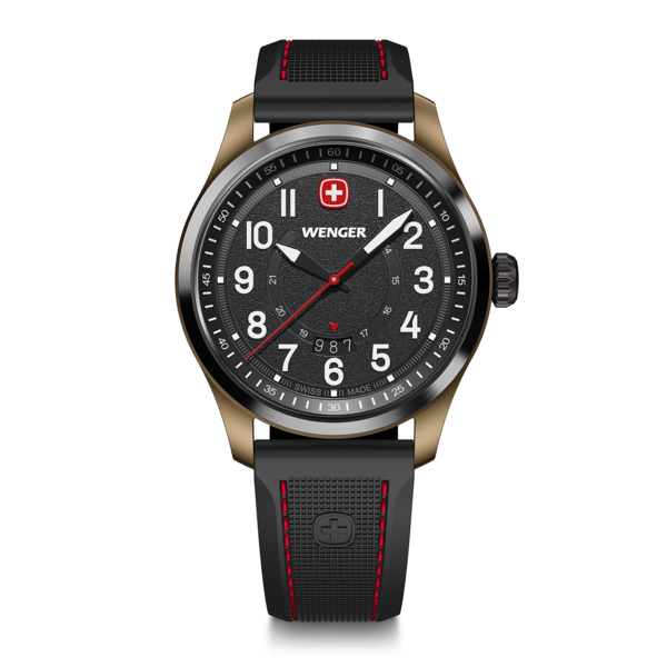 Wenger watch with black dial, red accents, gold case, and black strap. Swiss made.