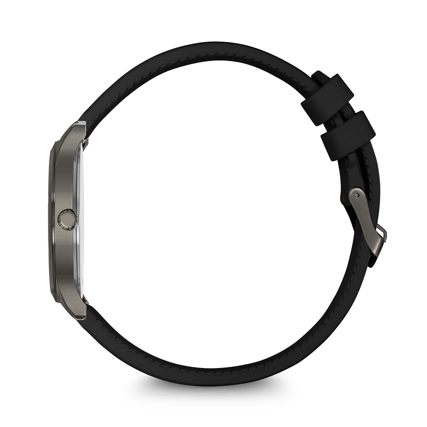 Uhr mit schwarzem Armband, Seitenansicht, auf schwarzem Hintergrund