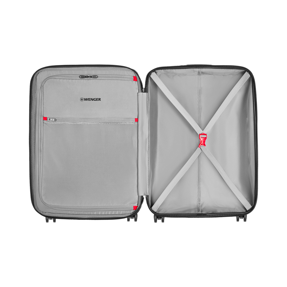 Open suitcase with gray interior and red accents, brand Wenger. Luggage.