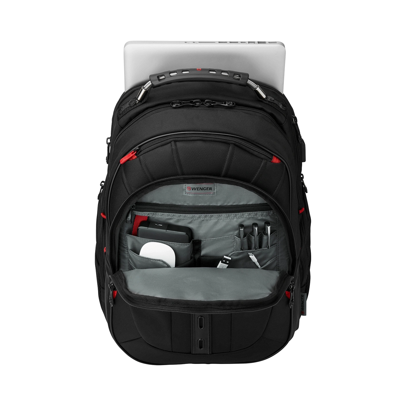 Black backpack with laptop and accessories, open, with red zipper details