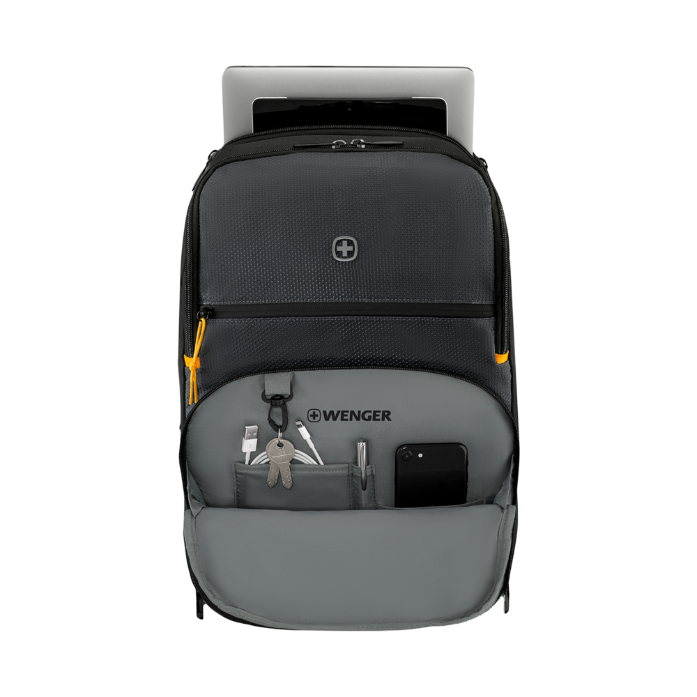 Black backpack with laptop, accessories, and WENGER logo.