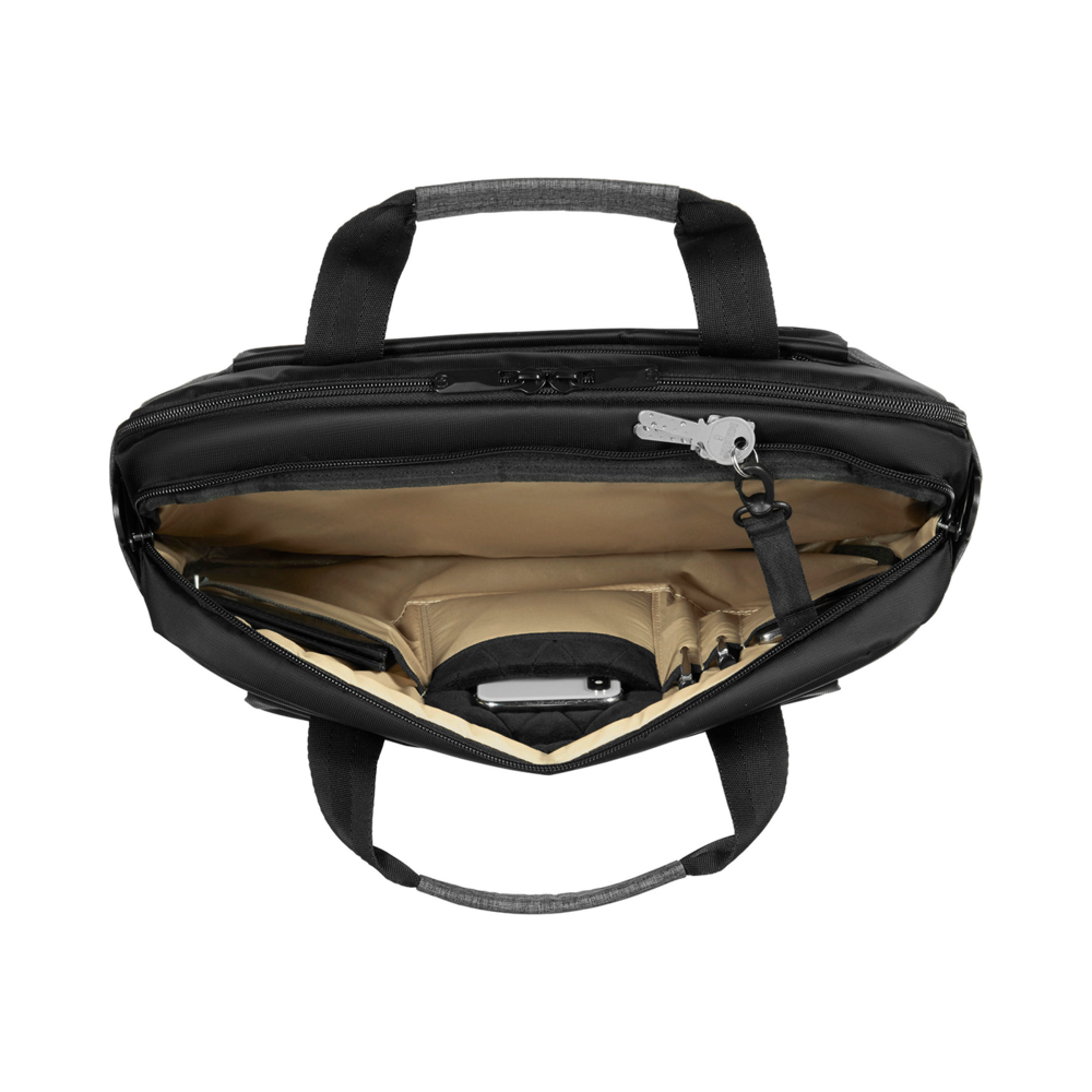 Black bag with open zipper, key, and contents visible inside the bag.