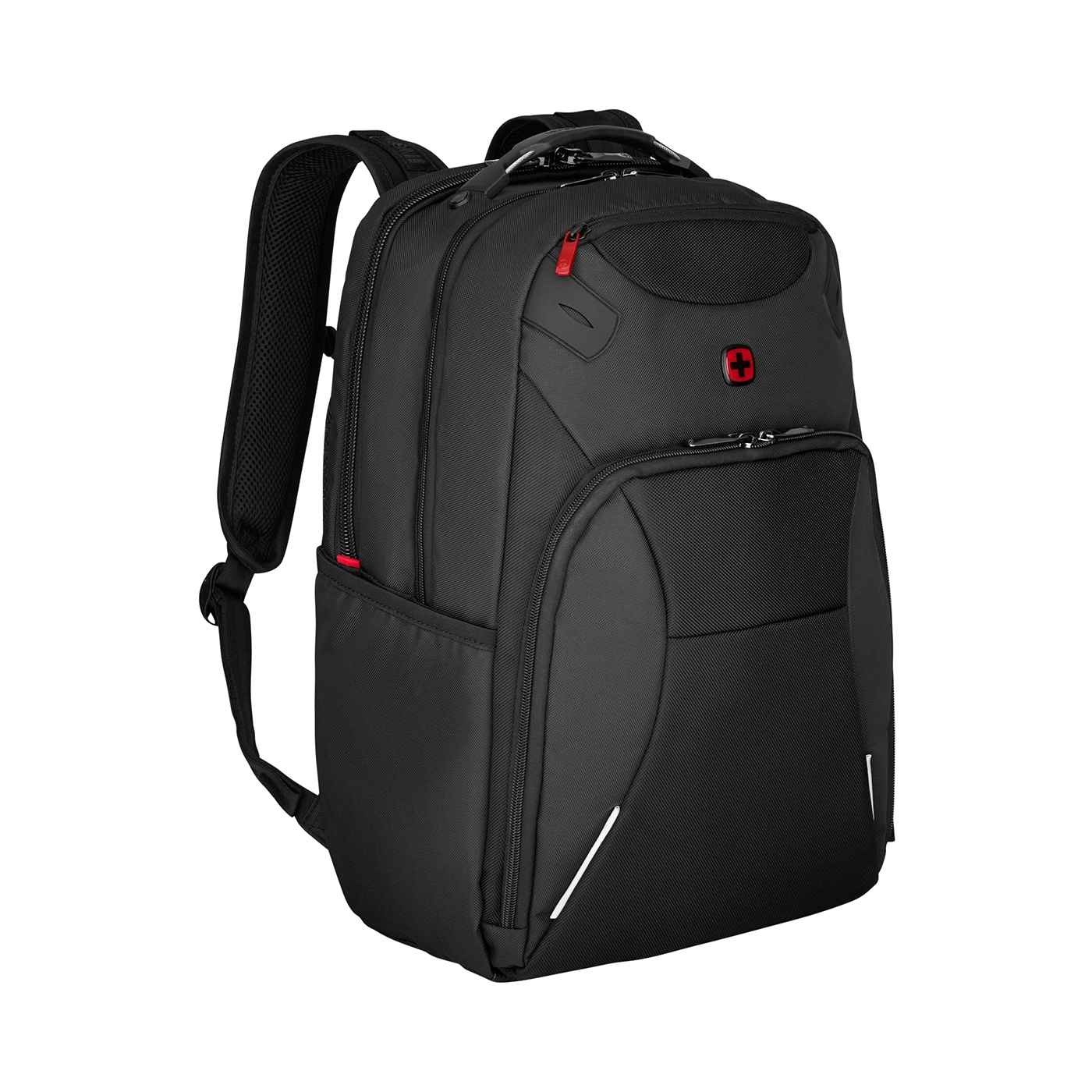 Black backpack with red cross and zippers, modern design, stylish