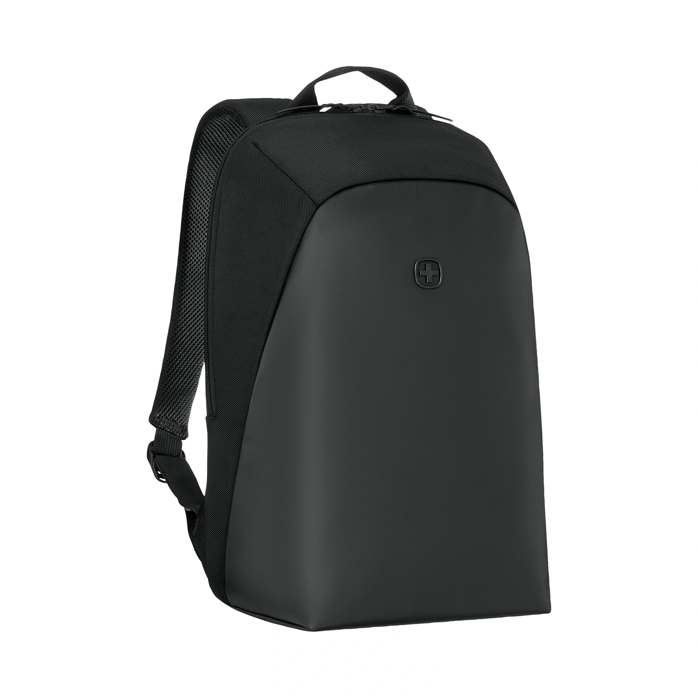 Black backpack with padded straps and a logo emblem.