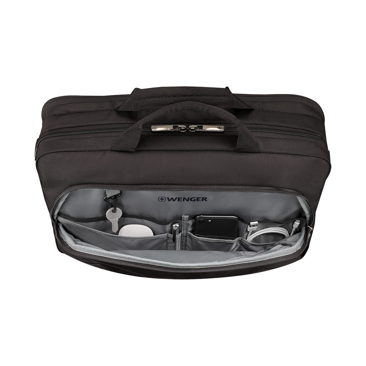 Black briefcase with open compartment filled with items, brand Wenger.