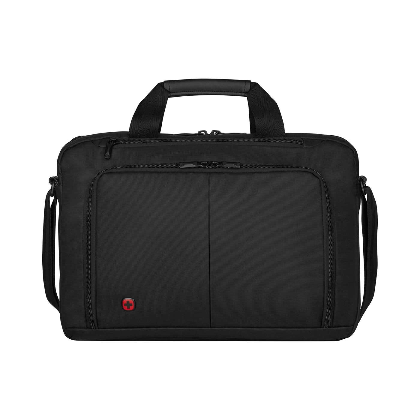 Black briefcase with red logo, zippers, and handles, isolated on black background.