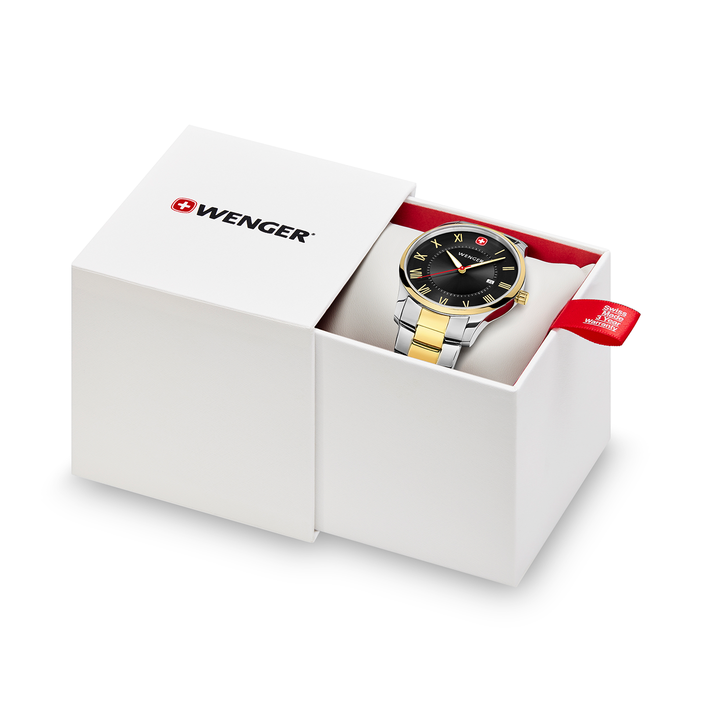 Wenger watch in a white box with red lining and warranty tag, black background