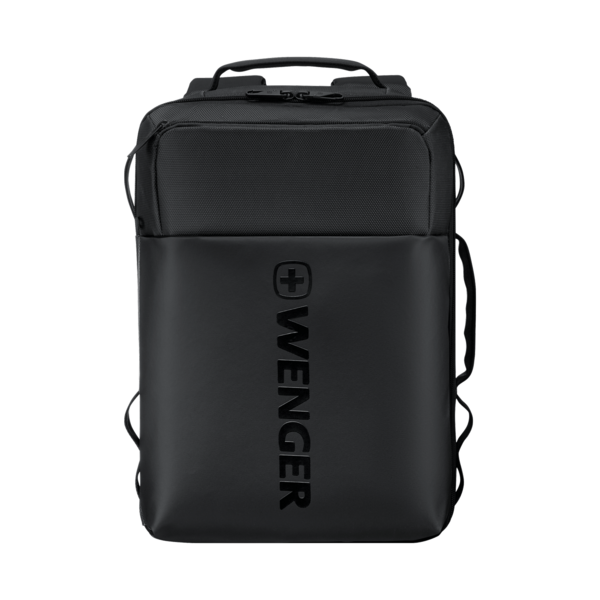 Black Wenger backpack with logo on the front.