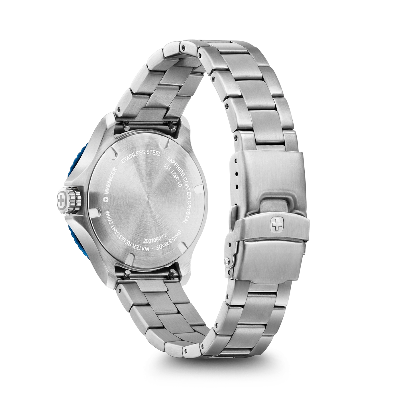 Wenger watch, stainless steel, sapphire crystal, waterproof, Swiss Made, detail shot, back
