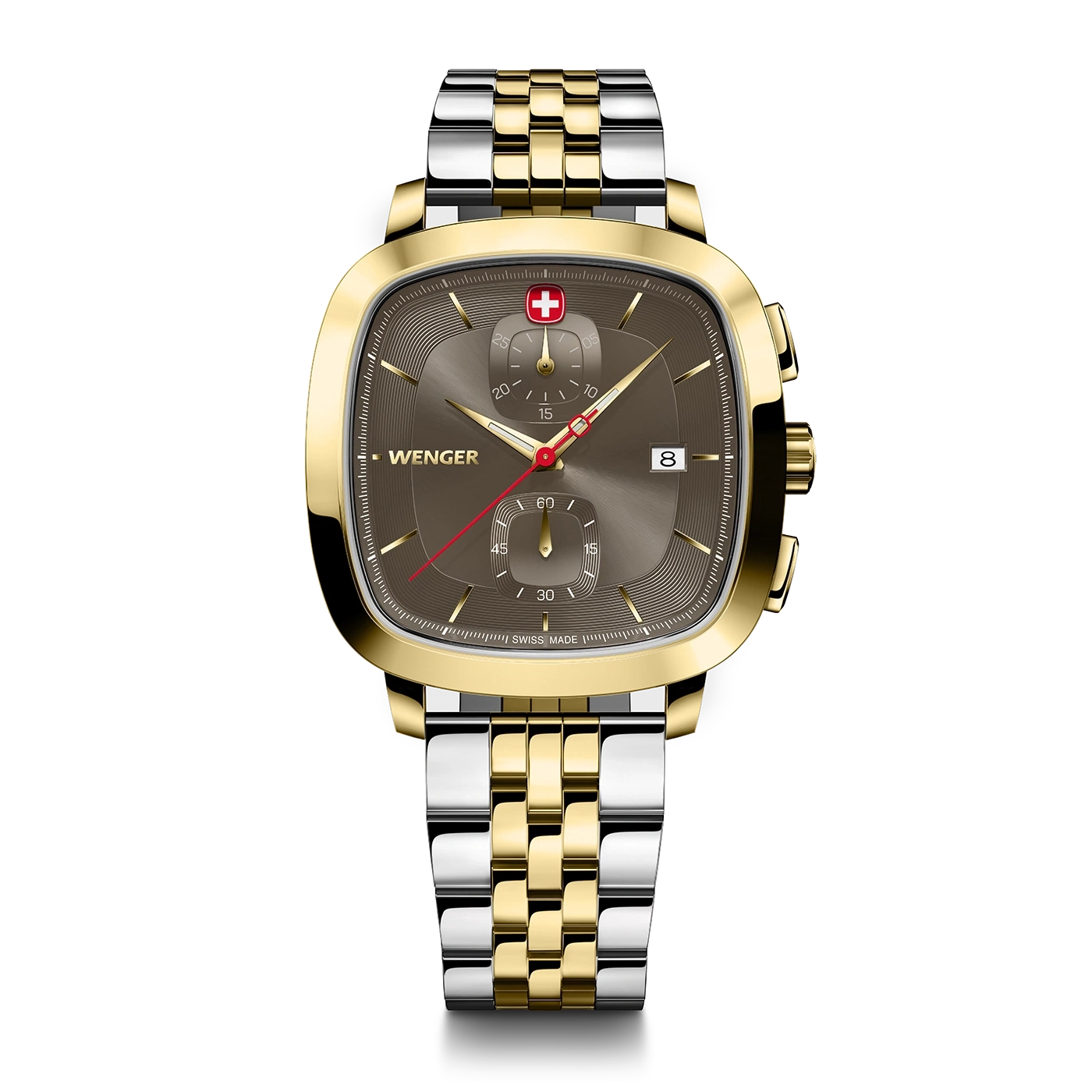 Wenger watch with gold case and bracelet, brown dial, date display, Swiss Made. Stylish design.