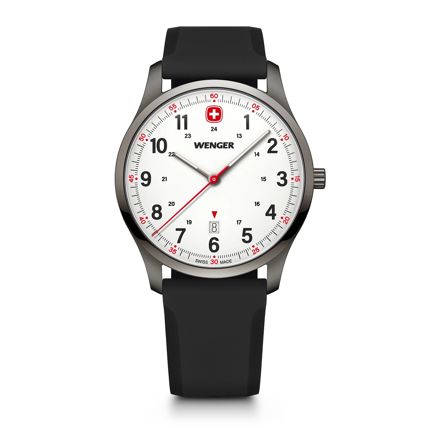 Wenger watch with black strap, white dial, and red second hand.
