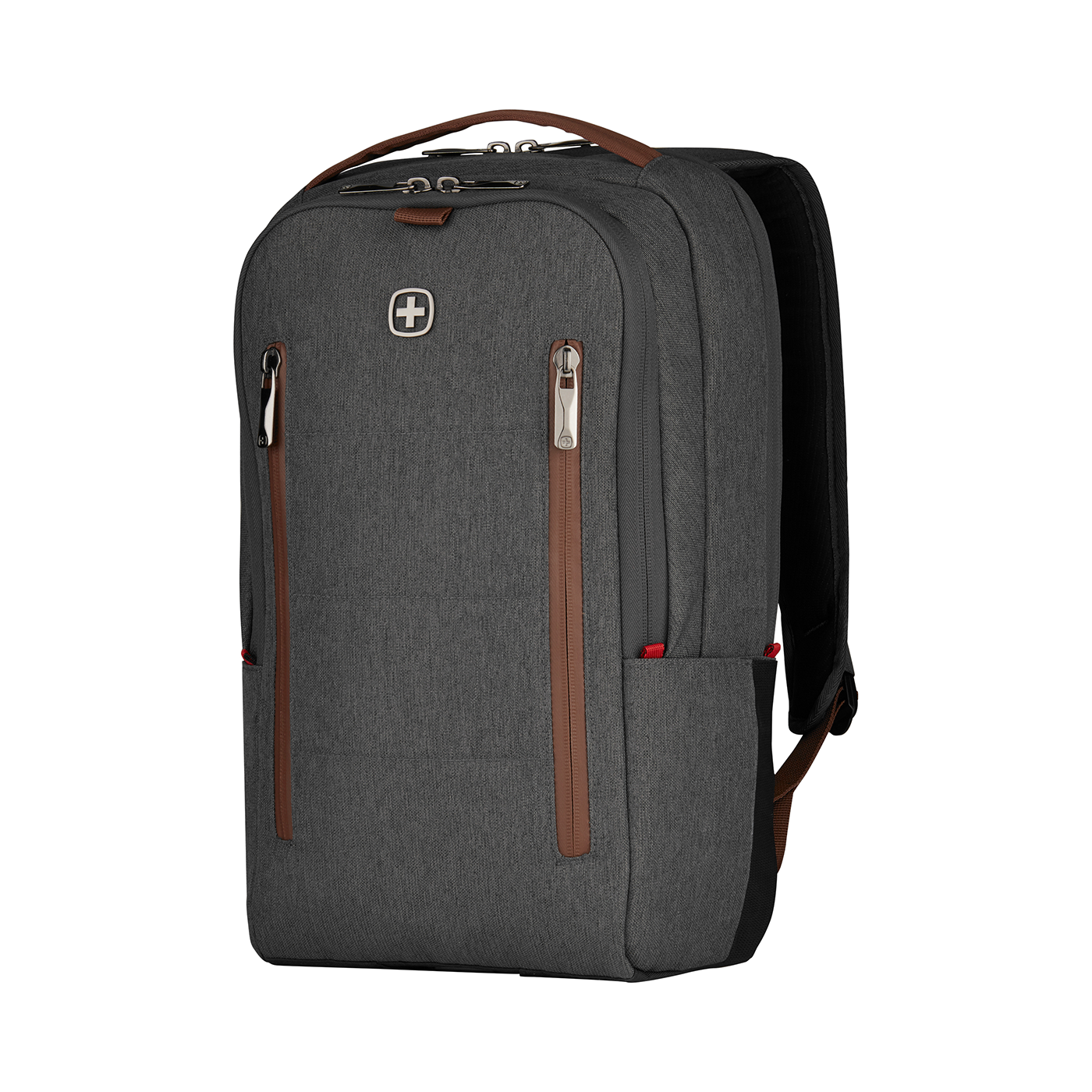 Gray backpack with brown accents and a Swiss cross logo