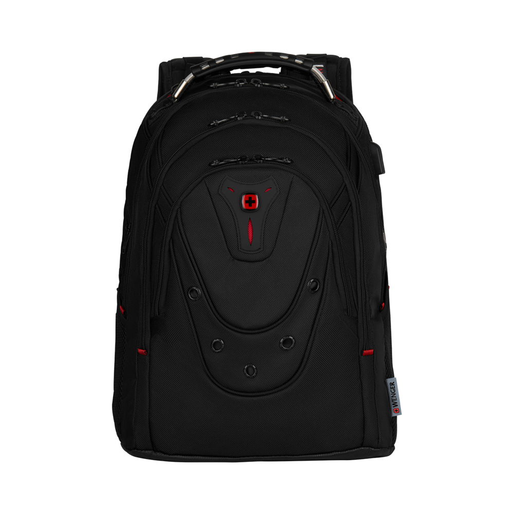 Black backpack with red accents and a Swiss cross logo by Wenger.