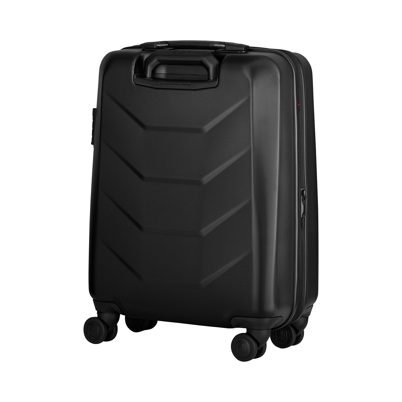 Black suitcase with wheels, handle, and zipper on a black background, isolated.