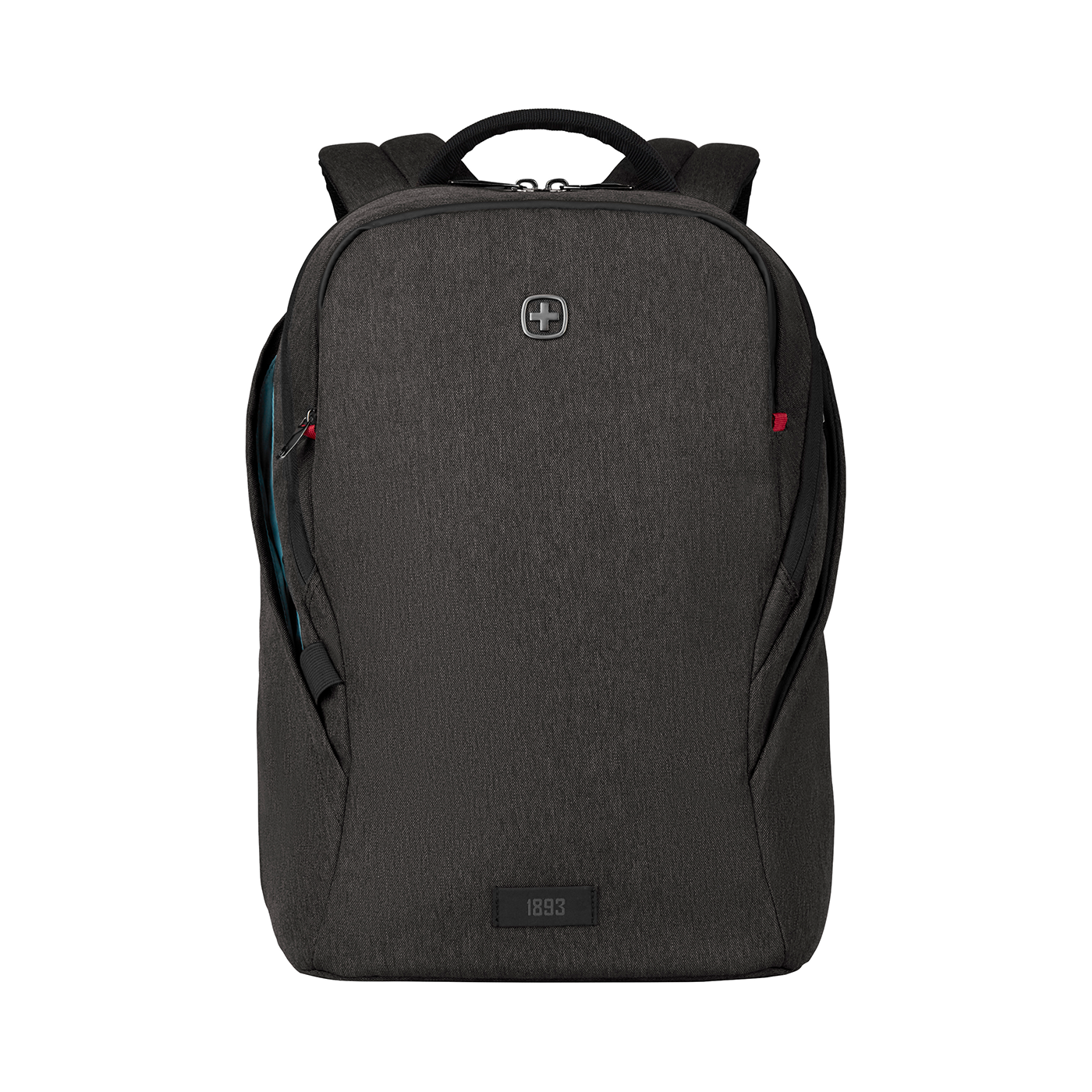 Dark gray backpack with logo and zippers on a black background.