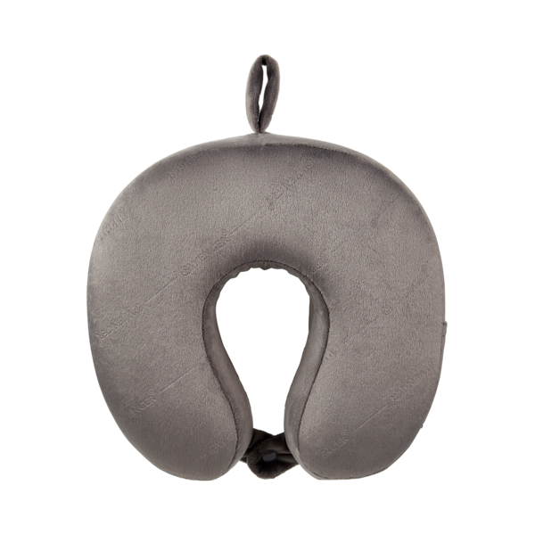 Gray neck pillow on black background with loop for travel comfort.