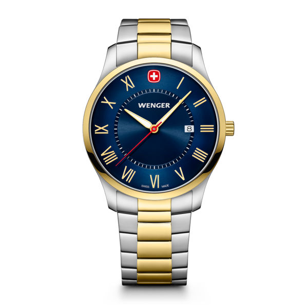 Wenger watch with blue dial, gold Roman numerals, and a two-tone bracelet