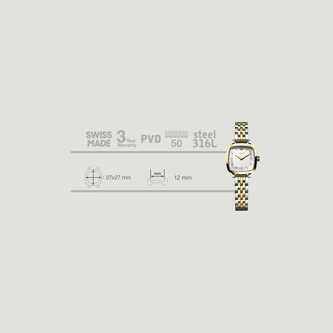 Schweizer Uhr mit goldfarbenem Armband, 3 Jahre Garantie, PVD-Beschichtung, Stahl 316L
