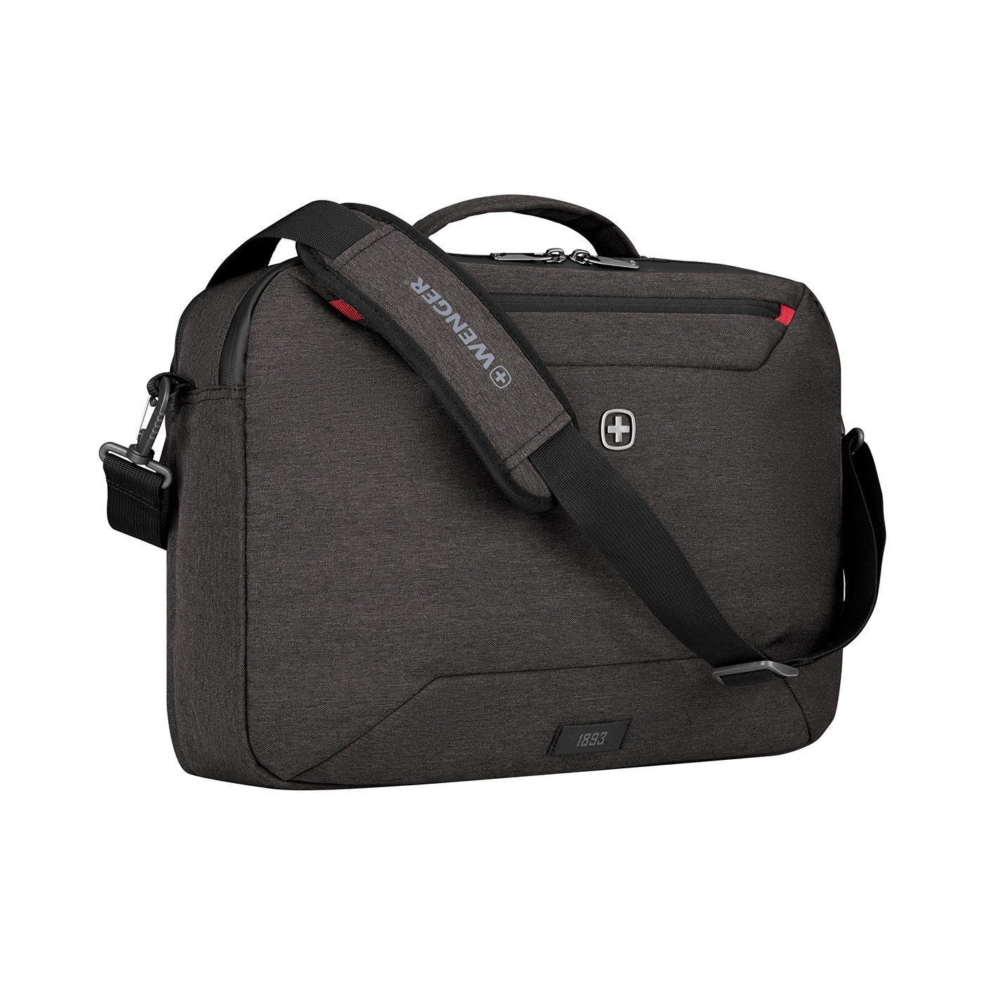 Dark gray Wenger shoulder bag with strap, logo, and the year 1893 on it
