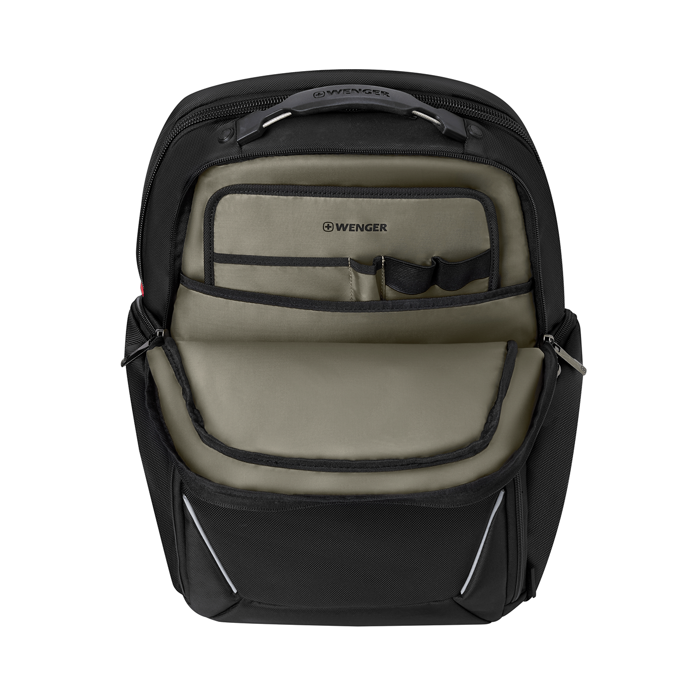Black backpack with open zipper, Wenger logo, interior compartments, and handle.