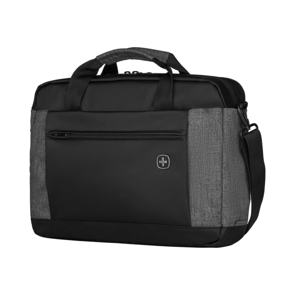 Black briefcase with gray fabric and logo, shoulder bag, handle, zipper, business bag